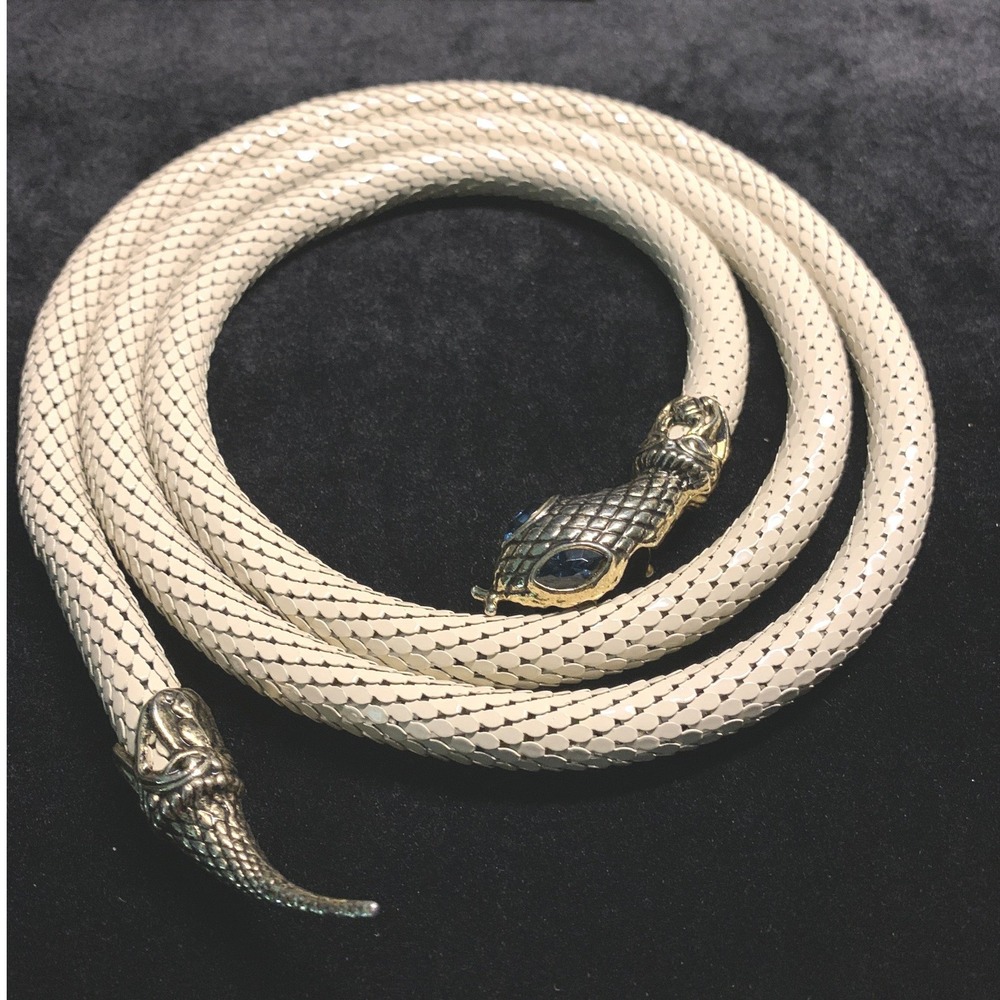 DL Auld Vintage Cream Enamel Mesh Snake Belt Wrap Necklace Blue Eyes 45"